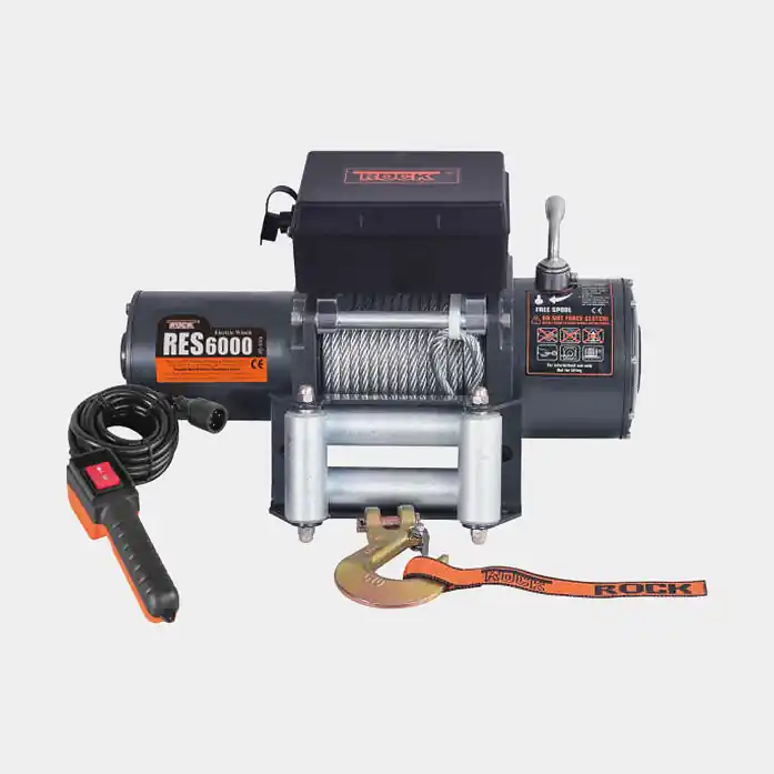 Heißes Angebot Anhängerwinde el Rock RES6000, 12V, 2720 kg + Bremse + Kontrolle + Drahtseil (Ø7 mm x 24 Meter)