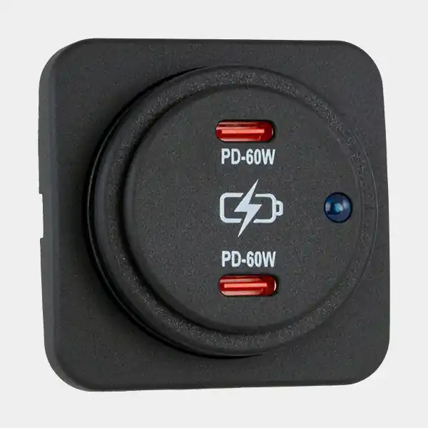 Knallerangebot USB-Steckdose Sutars, aufputz, schwarz, quadratisch, 12 / V 24 V, 60 W, 2.1 A, USB-C + USB-C, mit Deckel