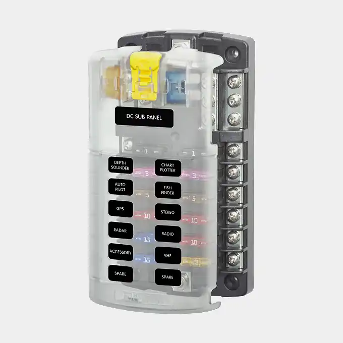 Sicherungshalter Blue Sea Systems ST Blade Fuse Block, für 12 Flachstecksicherungen, mit Erdungsschiene, M4 + M5, 32 V DC, 100 A Top-Seller