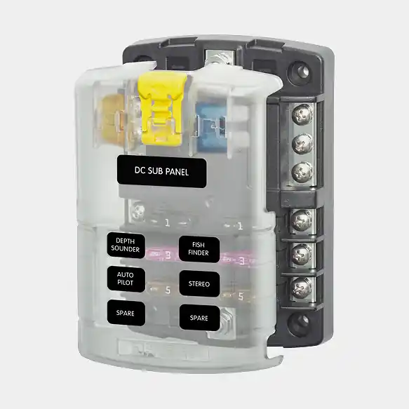 Sicherungshalter Blue Sea Systems ST Blade Fuse Block, für 6 Flachstecksicherungen, mit Erdungsschiene, M4 + M5, 32 V DC, 100 A Heißes Angebot