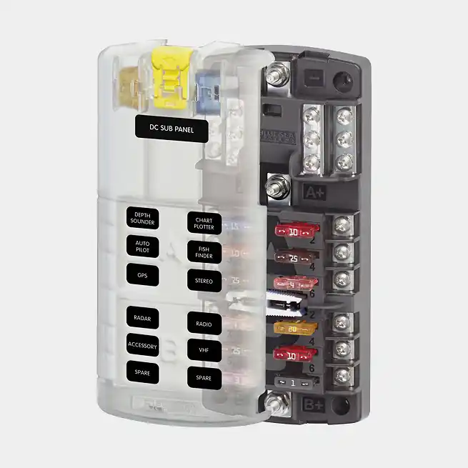 Sicherungshalter Blue Sea Systems ST Blade Split Bus Fuse Block, für 12 Flachstecksicherungen, M4 + M5, 32 V DC, 100 A Neuheit